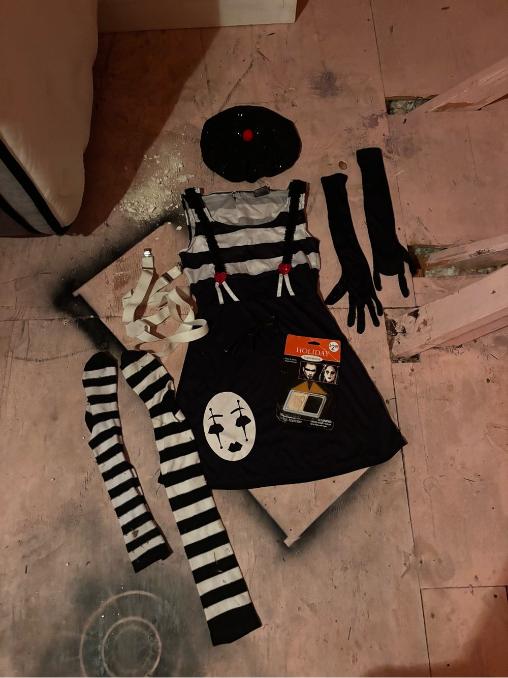 Black & White Mime Costume Dress with Striped Tights